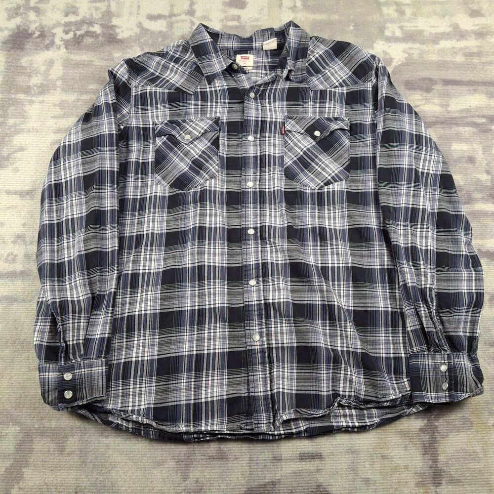 LEVIS PREMIUM WESTERN Shirt Mens XL Black White Plaid Pearl Snap Flannel Cotton